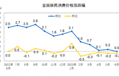 2023年6月全国CPI同比持平 环比下降0.2%