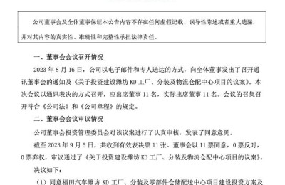 福田汽车拟2.25亿元投建潍坊KD工厂、分装及物流仓配中心项目